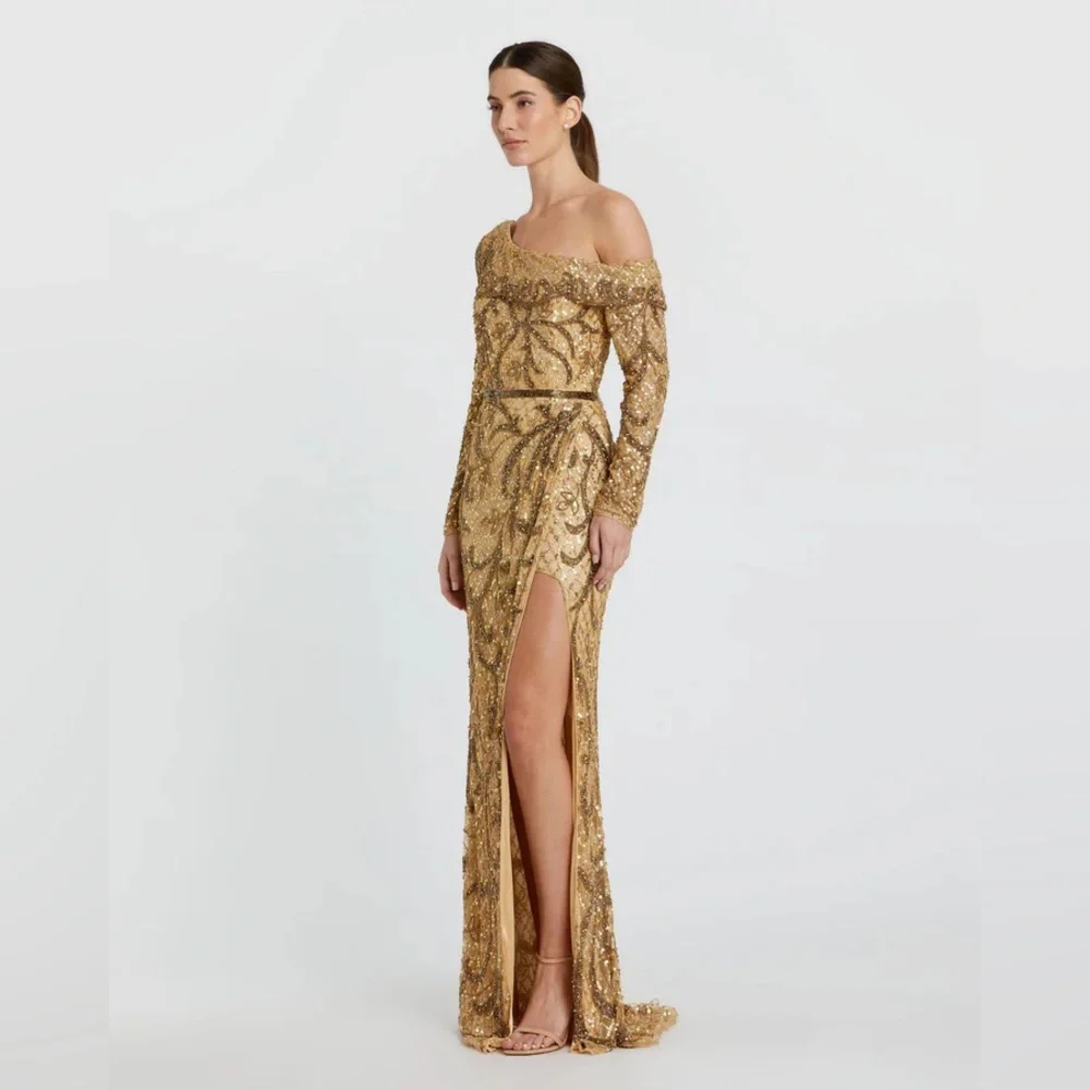 Mac Duggal Gold One Shoulder Dress - Picture 1 of 16